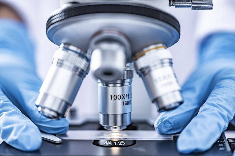 Microscope with blue gloved hands