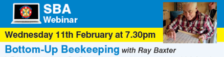 Blue and yellow banner with picture of Ray Bazter looking at a hive floor and title Bottom Up Beekeeping webinar